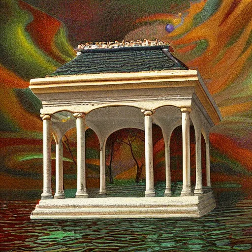 Image similar to uncanny otherworldly lake settee portico, by camille - pierre pambu bodo and h. p. lovecraft, tilt shift, detailed painting