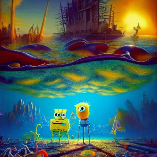 Image similar to surrealism spongebob, epic, cinematic shot, 8k, by Bruce Pennington, sharp focus, highly detailed, saturated
