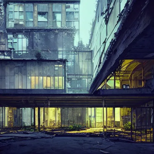 Image similar to “derelict architecture buildings, building designed by Richard Rogers, architecture digest, building surrounded in a nature environment, modern tones, fluorescent lighting,volumetric Lighting, cyber punk, photorealism, high detail, golden ratio, cinematic, octane renderer”