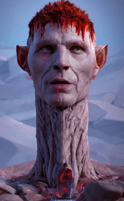 Image similar to extremely detailed cinematic movie still 3 0 7 7 portrait shot of a god of fire 2 5 years old white man hyperreal skin face at the mountain top by denis villeneuve, wayne barlowe, simon birch, marc simonetti, philippe druillet, beeple, bright volumetric sunlight from remote star, rich moody colors, closeup, bokeh