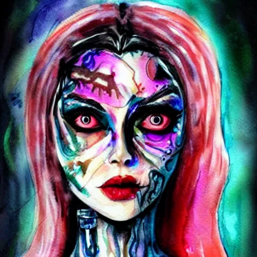 Image similar to woman portrait made out of watercolor paint, beautiful, cyborg, tim burton comic book art