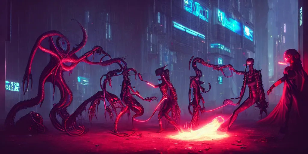 Image similar to cyberpunk witches battling cthulu lovecraftian aliens, contrasting colors, concept art, cinematic, key art, high quality, hyper realism, high detail, octane render