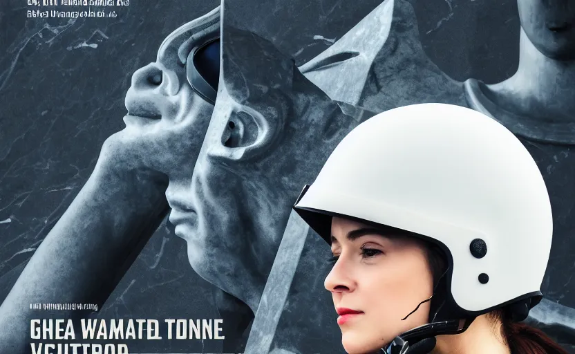 Image similar to a detailed and award winning movie poster with a white marble statue of woman wearing motorcycle helmet, closed visor, marble, statue, museum, soft lighting, night time, graphic design, typography, indoor, 8 k, detailed, beautiful