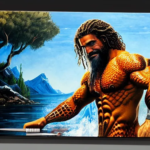 Image similar to a closeup photorealistic photograph of bob ross working on a canvas painting of aquaman. film still. brightly lit scene. mountains and trees. this 4 k hd image is trending on artstation, featured on behance, well - rendered, extra crisp, features intricate detail, epic composition and the style of unreal engine.