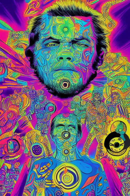 Prompt: a man tries a tab of LSD acid for the first time and hallucinates, by jack kirby, alex grey and dan hillier, colorful flat design, hd, 8k