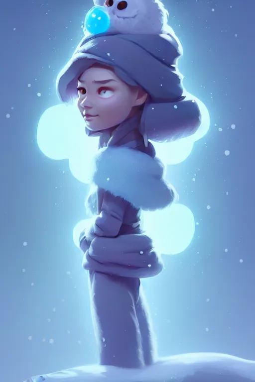 Image similar to super cute Bioluminescent snow nomad character concept, soft light, soft mood, realistic body features and face, illustration, painting oil on canvas by Elena Zhurikhina and Goro Fujita and Charlie Bowater, octane render trending on artstation, 4k, 8k, HD