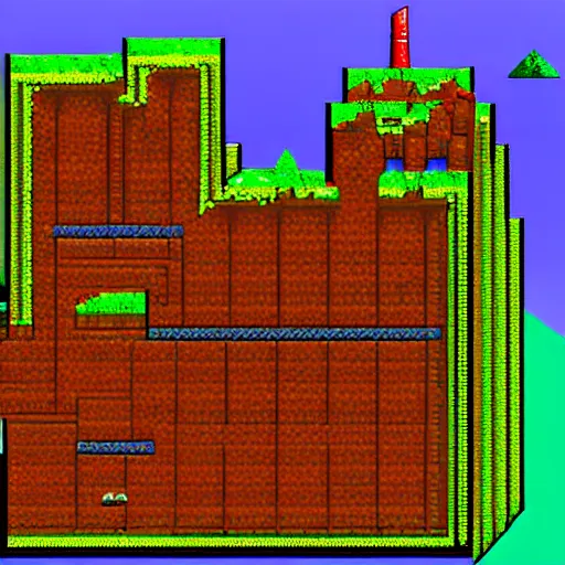 Prompt: A wizard's tower with mines and caves on its sides, sidescroller pixel art, sharp edges