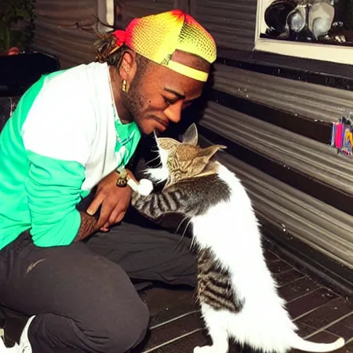 Prompt: lil uzi vert feeding a cat