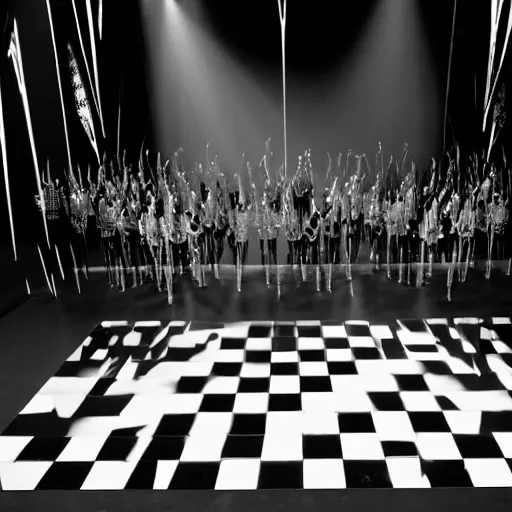 Image similar to an opera scenography with tul gobelins with black and white impressions of falling angels, a checkerboard floor of marble black and white.