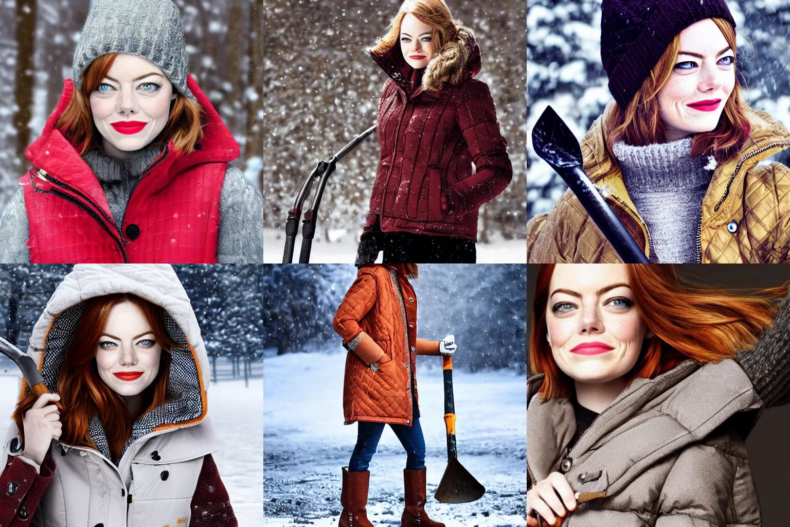 Prompt: Emma Stone wearing quilted jacket with a shovel in winter, photo realistic hd portrait, hd