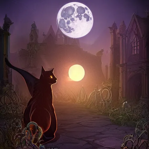 Prompt: an ultra detailed animation of a black cat in a graveyard at midnight on halloween tattoo, digital art, dark fantasy, concept art, soulslike, by alphonse mucha, blood moon eclipse, ruined building in the background, artstation, 8 k, unreal engine render