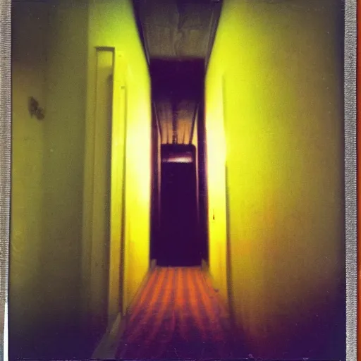 Prompt: color Polaroid of an extremely tall creature in a hallway with long limbs and yellow energy