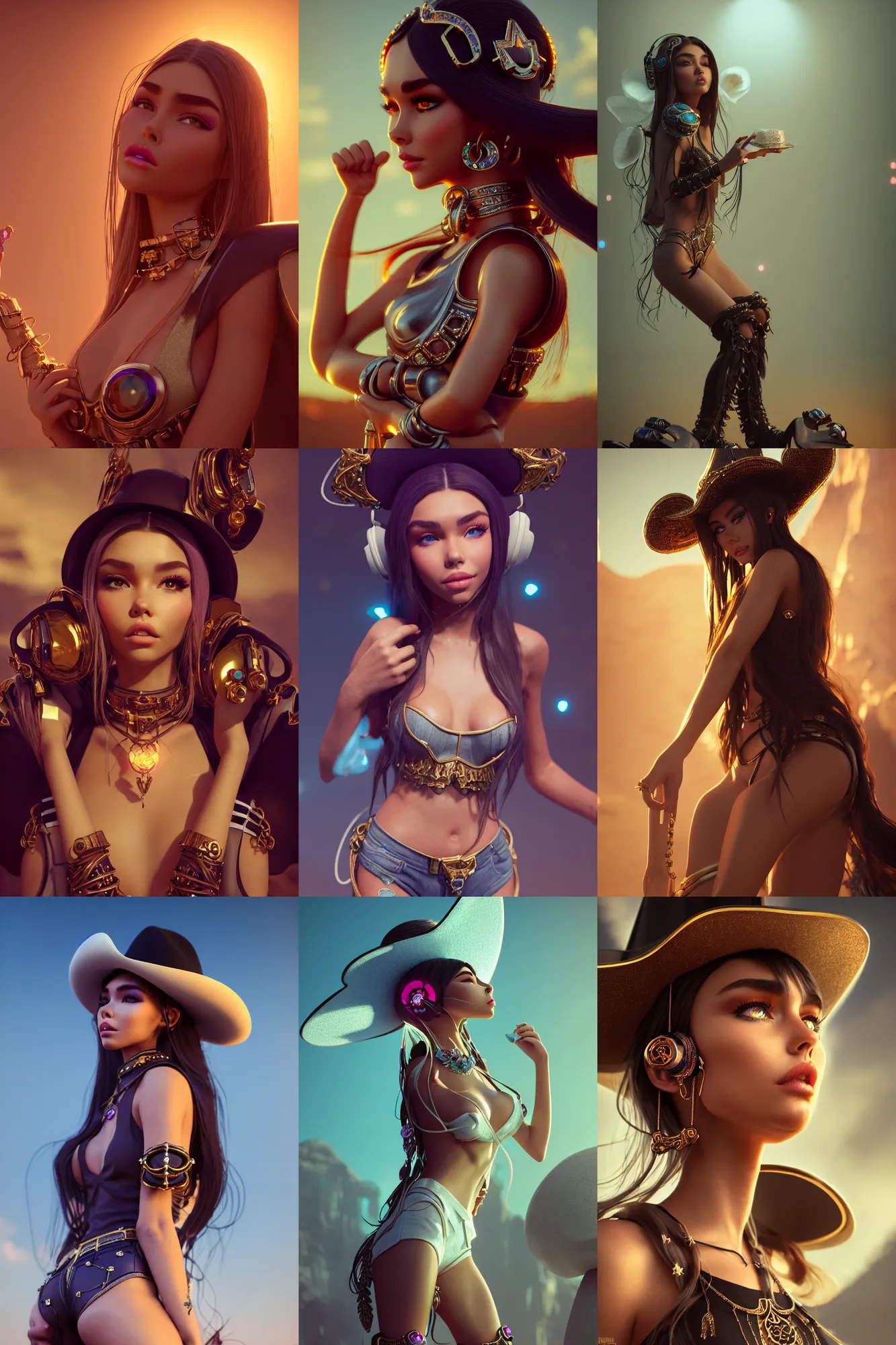 Prompt: madison beer edm cowgirl | earbuds, jewelry | glamorous oily soft polished rich ornate modern | weta disney movie still photo | hi - fructose, sci fi fantasy, smooth, octane render, sharp focus, artstation, concept art | beeple, mucha, rutkowski, feng zhu, wlop |