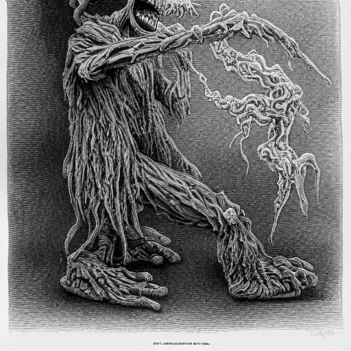 Prompt: full body grayscale drawing by Gustave Dore of Kermit the Frog as an undead monster, Sesame Street, swirling wispy smoke, intricate, very very detailed