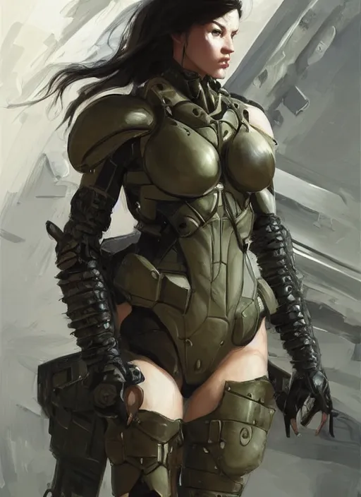 Image similar to a professional painting of a beautiful young female, clothed in stealthy military armor, olive skin, long dark hair, beautiful bone structure, symmetrical facial features, intricate, elegant, digital painting, concept art, smooth, sharp focus, illustration, from Metal Gear, by Ruan Jia and Mandy Jurgens and Artgerm and William-Adolphe Bouguerea