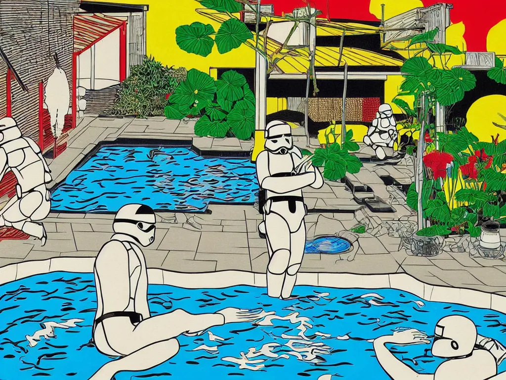 Image similar to hyperrealism composition of the japanese house with a hot springs in the garden, two detailed stormtroopers bathe in a hot spring, pop - art style, jacky tsai style, andy warhol style, roy lichtenstein style, round canvas, acrylic on canvas