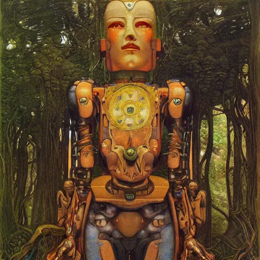 Prompt: robot seizes the forest crown, by Annie Swynnerton and Diego Rivera and Elihu Vedder, symbolist, dramatic lighting, elaborate geometric ornament, tattoos, Art Brut, soft cool colors,smooth, sharp focus, extremely detailed, Adolf Wölfli and Donato Giancola