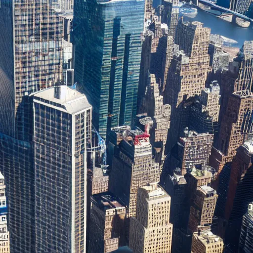 Prompt: aerial photo of a giant bird in top of a skyscraper in new york,