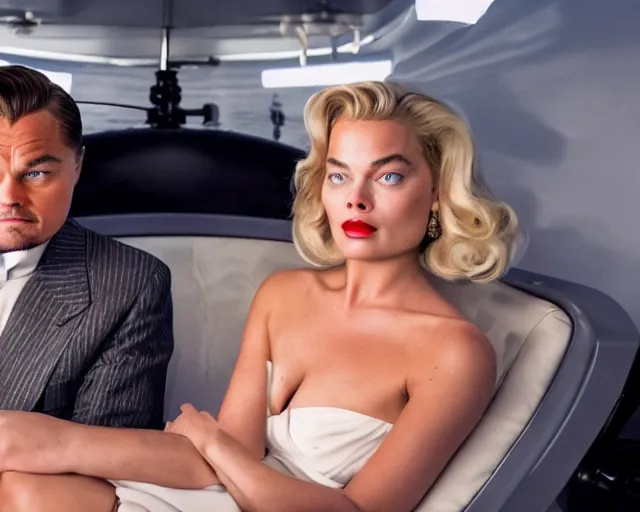 Image similar to leonardo dicaprio as the wolf of wall street next to margot robbie as naomi from the wolf of wall street in a helicopter, hyper realistic faces, beautiful eyes, cinematic, long shot, hyper detailed, 8 5 mm photograph, 8 k resolution, film still, sharp lens, wide lens