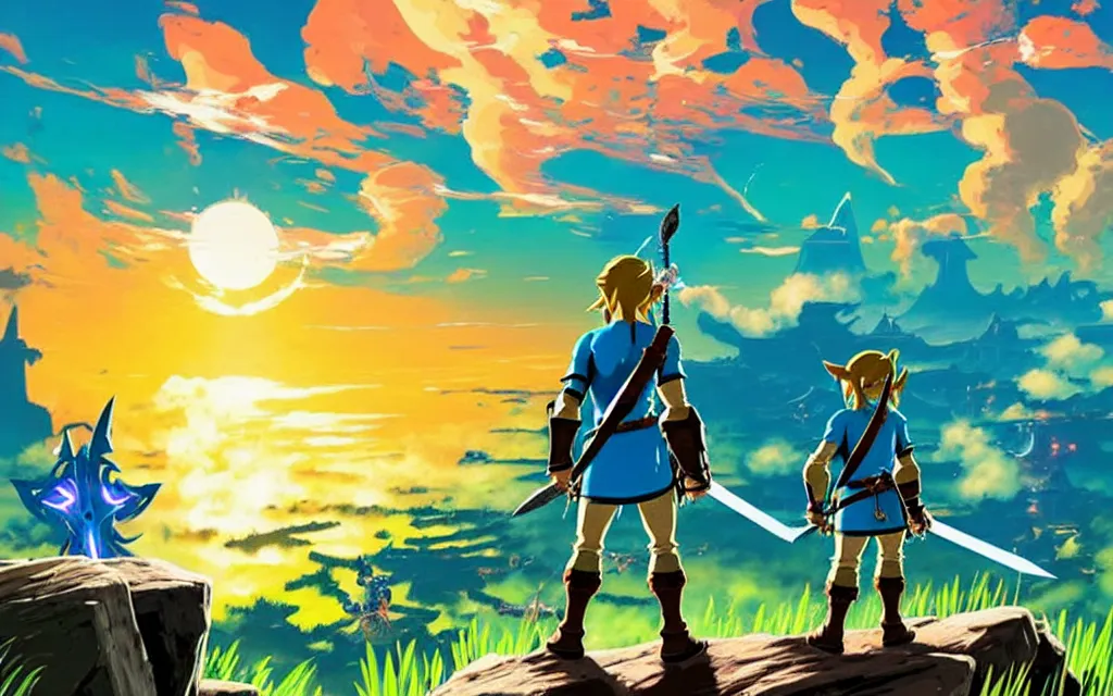 Image similar to photograph of Link from behind, from the game Breath of the Wild, with the master sword hanging across his back, watching the sunset, highly detailed