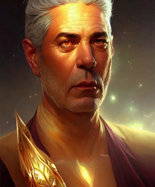 Image similar to Yair Lapid as a fantasy magic man portrait, sci-fi, amber eyes, face, fantasy, intricate, elegant, highly detailed, digital painting, artstation, concept art, smooth, sharp focus, illustration, art by artgerm and greg rutkowski and alphonse mucha