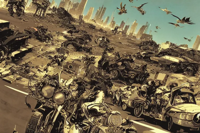 Image similar to full page illustration, birds eye view of a motor bike gang cruising the destroyed streets of post apocalypse Neo tokyo by Katsuhiro Otomo, Phil hale, Ashley wood, Ilya repin, frank frazetta, 8k, hd, high resolution print