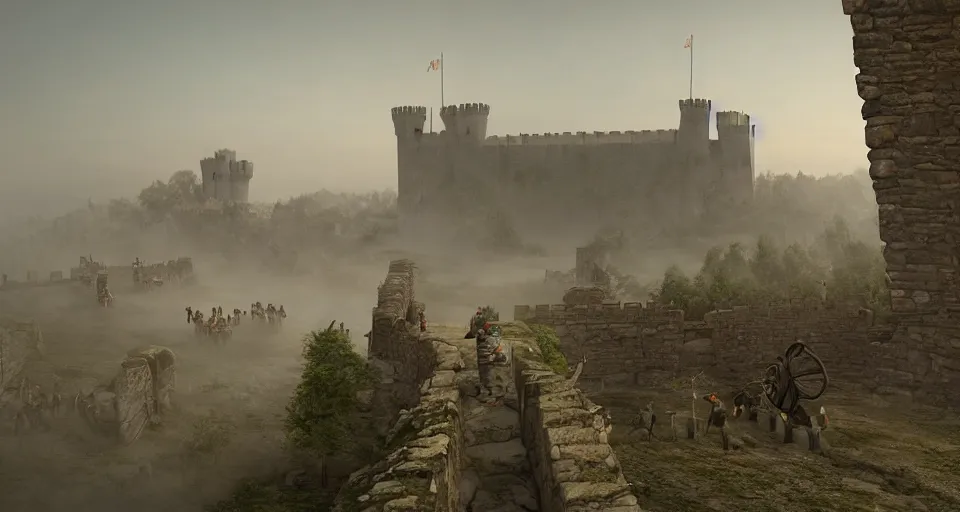 Image similar to ten medieval soldiers atop a castle wall looking at two trebuchets. it is a quiet morning. mist, epic, cinematic, volumetric lighting, symmetry, fantasy style, highly - detailed, unreal 5, realism