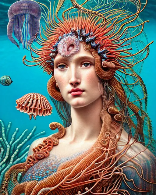 Image similar to hyperrealistic detailed underwater face portrait of the beautiful goddess of the jellyfish with an intricate headgear of corals, sea kelp, sea plants, fish, starfish, jellyfish, art by ernst haeckel, john william godward, android jones, alphonso mocha, gothic - cyberpunk, ornamental, beautiful deep colours,