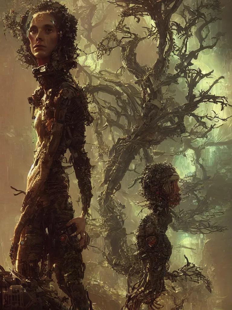 Image similar to a hyperrealistic cyberpunkpunk portrait of a gorgeous woman in the movie Annihilation, with mutated trees and trees and fractal sunlight, award-winning, masterpiece, in the style of Tom Bagshaw, Cedric Peyravernay, Peter Mohrbacher