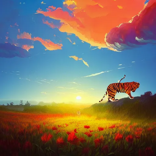 Image similar to a tiger watching a sunset, surreal photography, flower field, beautiful sunset on a summer day light, impressionist painting, colorful clouds, blue sky, digital painting, artstation, simon stalenhag