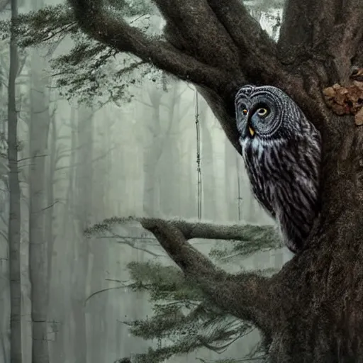 Image similar to an 5 5 - year old man looks at a great grey owl in a tree in front of him, concept art, realistic modern supernatural horror thriller aesthetic, hd 4 k 8 k digital matte painting, by david mattingly and michael whelan and samuel araya. layout in the style of christopher mckenna and gregory crewdson