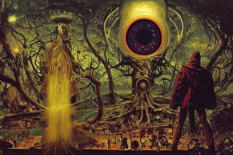 Image similar to one dark figure taming a supercomputer made of nervous system, channeling third eye energy, surrounded by a background of dark cyber mystic garden of earthly delights, midnight hour, painted part by wojciech siudmak, part by ilya repin, part by norman rockwell, part by hype williams, artstation