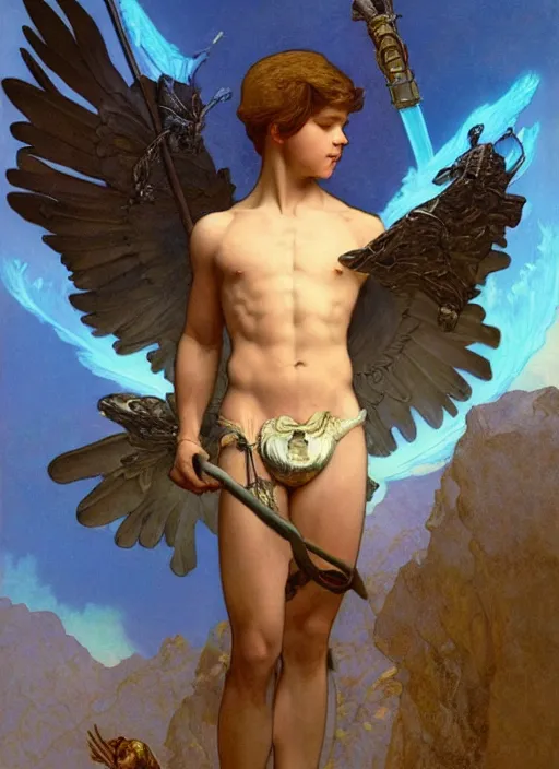 Image similar to digital character concept art by maxfield parrish and artgerm and greg rutkowski and alphonse mucha. portrait of a young 1 3 year old boy, a young god, icarus with mechanical bird wings, beautiful, holding a staff, detailed, poster art, light effect, glowing, hyper detail, intricate, elegant, digital painting, artstation, smooth, sharp focus