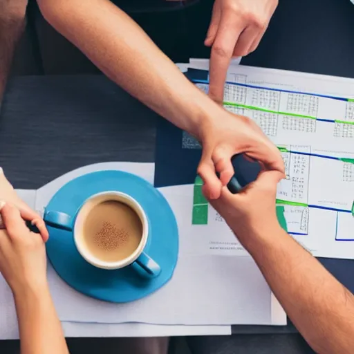 Prompt: stock photograph of people enjoying making a gantt chart, movement, energy, coffee