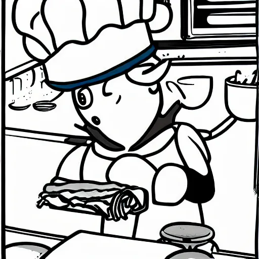 Image similar to manga cute platypus on a kitchen wearing a chef hat and holding a lasagna into an oven, manga style