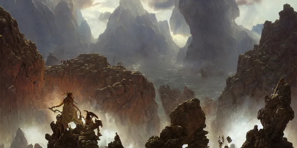 Image similar to barbarians, norse gods, fighting epic battle on rocks floating in the sky, celestial fortress in the clouds, thunder, good composition, artstation, 4 k illustration sharp focus cloceup sunlit painted by ruan jia raymond swanland lawrence alma tadema zdzislaw beksinski norman rockwell tom lovell alex malveda greg staples