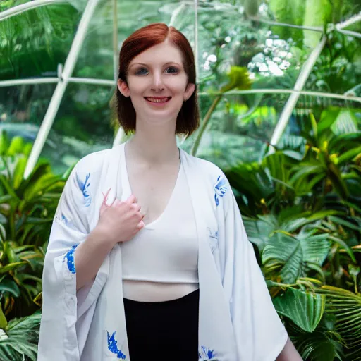 Image similar to close photo portrait of a pale skin woman wearing a white kimono in a tropical greenhouse