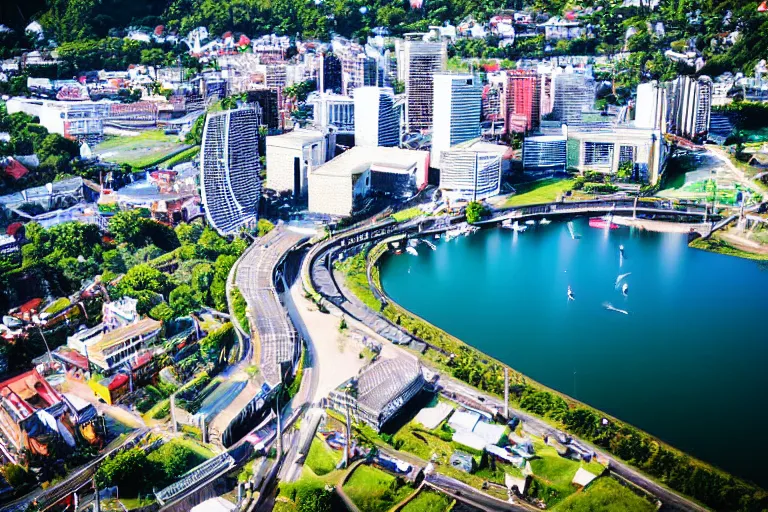 Image similar to bird's eye view photography of a small city. town hall, central farm, monorail station, beach and harbor. hills, woods and lake to the north.