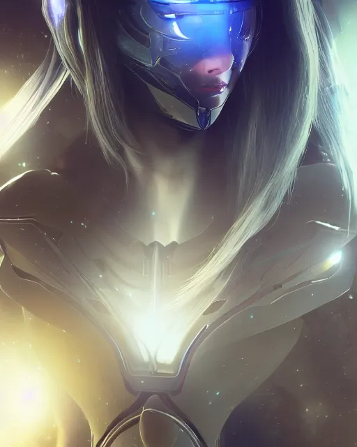 Image similar to perfect android girl on a mothership, warframe armor, beautiful face, scifi, futuristic, galaxy, nebula, raytracing, dreamy, long white hair, blue cyborg eyes, sharp focus, cinematic lighting, highly detailed, artstation, divine, by gauthier leblanc, kazuya takahashi, huifeng huang