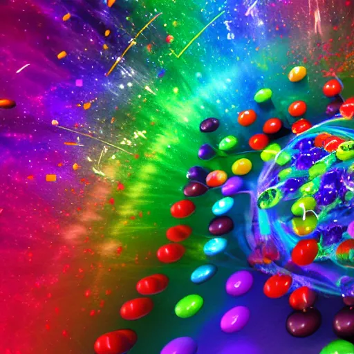 Prompt: a quasar of skittles with explosions of rainbow, trending on art station, digital art, 4k, space rendering, colorful