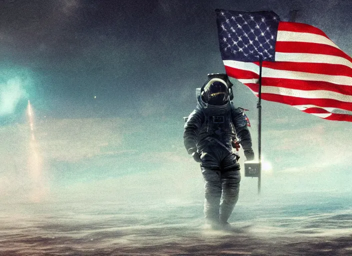 Image similar to astronaut holding a flag in an underwater desert. a submarine is visible in the distance. dark, concept art, cinematic, dramatic, atmospheric, 8 k, trending on artstation, blue, fish, low visibility, fog, ocean floor, christopher nolan, interstellar