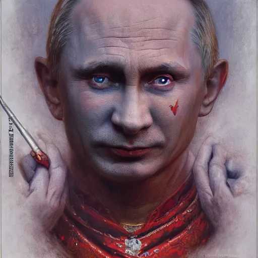 Image similar to vladimir putin, is a jester, circus performance, fantasy 3 d render, masterpiece, by donato giancola and greg rutkowski and wayne barlow and zdzisław beksinski, realistic face