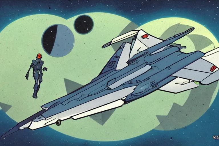 Image similar to a scifi illustration of a fururistic fighter jet. flat colors, limited palette in FANTASTIC PLANET La planète sauvage animation by René Laloux