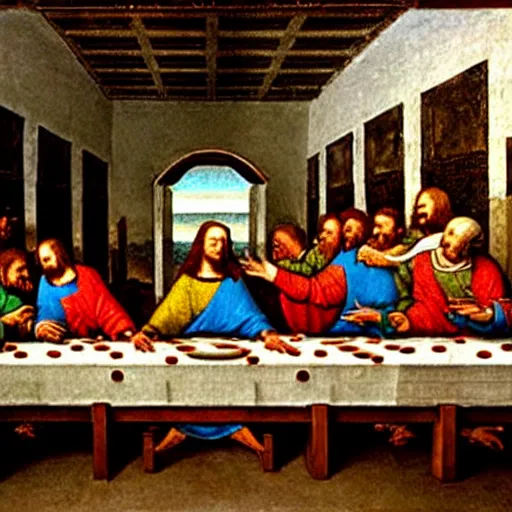 Image similar to an American comic book panel of The Last Supper by Leonardo da Vinci