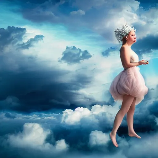Image similar to goddess wearing a cloud fashion on the clouds, photoshop, colossal, creative, giant, digital art, photo manipulation, clouds, sky view from the airplane window, covered in clouds, girl clouds, on clouds, covered by clouds, a plane