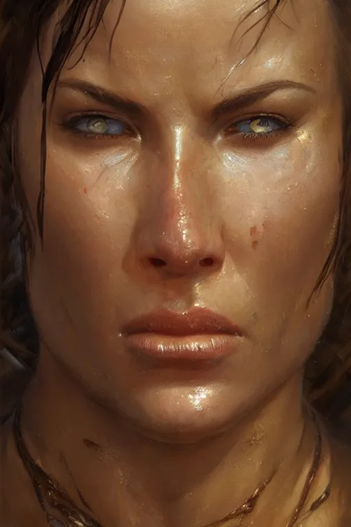 Image similar to muscular sweat lara croft, face close up, highly detailed painting by gaston bussiere, craig mullins, j. c. leyendecker 8 k