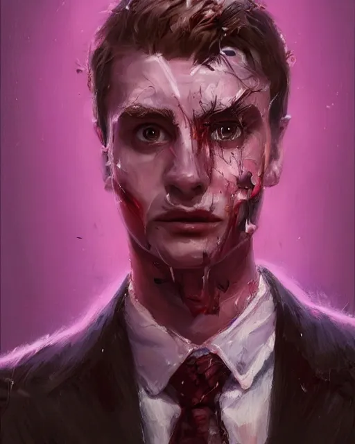 Image similar to A hyper realistic oil painting of a man in his twenties dressed in a purple suit, clean shaven, insane sharp looking face, messy hair, blood on the suit, by Greg Rutkowski, trending on artstation, 4k, creepy lighting