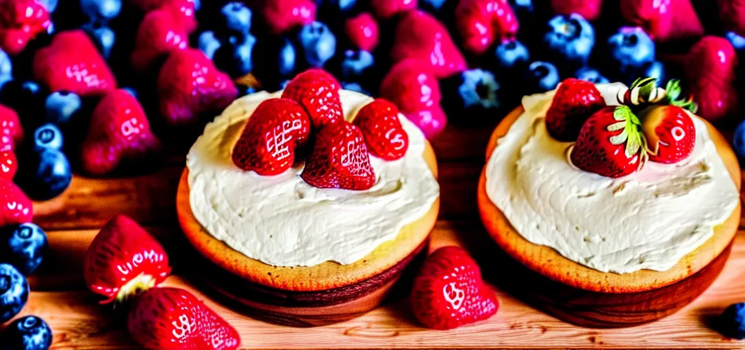 Image similar to A photo of a swedish cake from the side on a wooden table, with cream spread on the sides and strawberries, raspberries and blueberries placed in circles on top. Sunset in the back. 4K. Cinematic lighting. High detail. Realistic. Delicious.