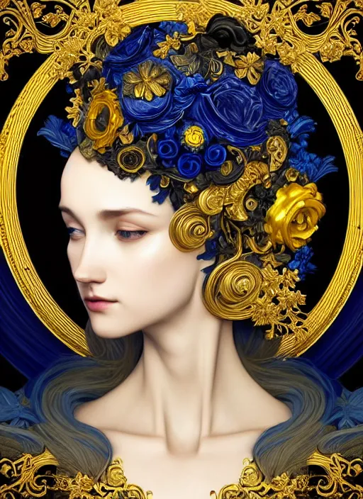 Image similar to beautiful black blue yellow, complicated gold and blue flowers in baroque style headwears, dark fantasy, intricate, elegant, highly detailed, digital painting, artstation, concept art, matte, 3 d 8 k octane rendered, sharp focus, illustration, octane rendered, art by artgerm and alphonse mucha, leesha hannigan