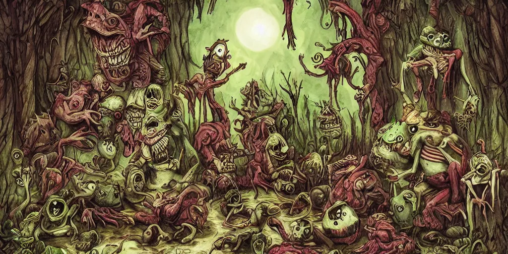 Image similar to a dark ritual performed by evil frogs from alice in wonderland, hyper - detailed, expression, energetic, horror, creepy, scary, digital art